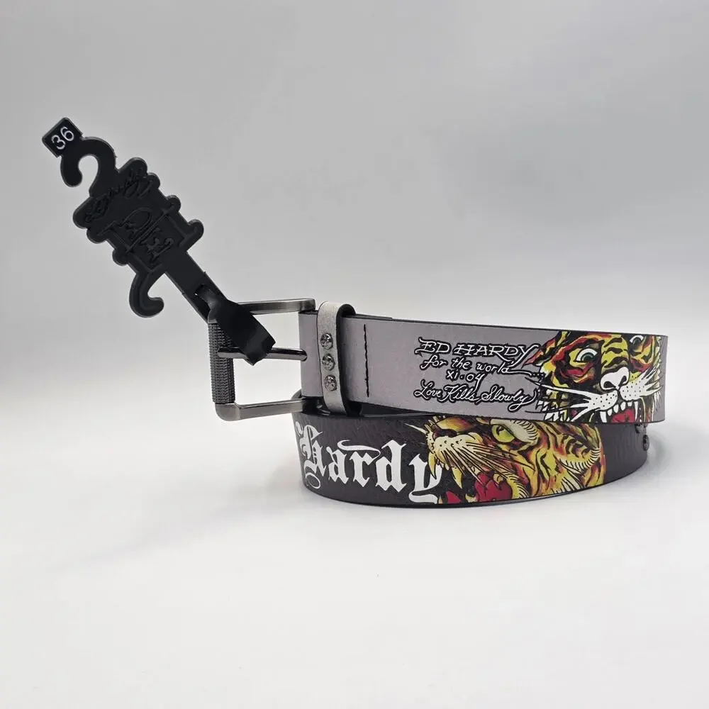 Ed Hardy Love kills Slowly Men's Size 36 Belt Black Gray Studded Graphic New